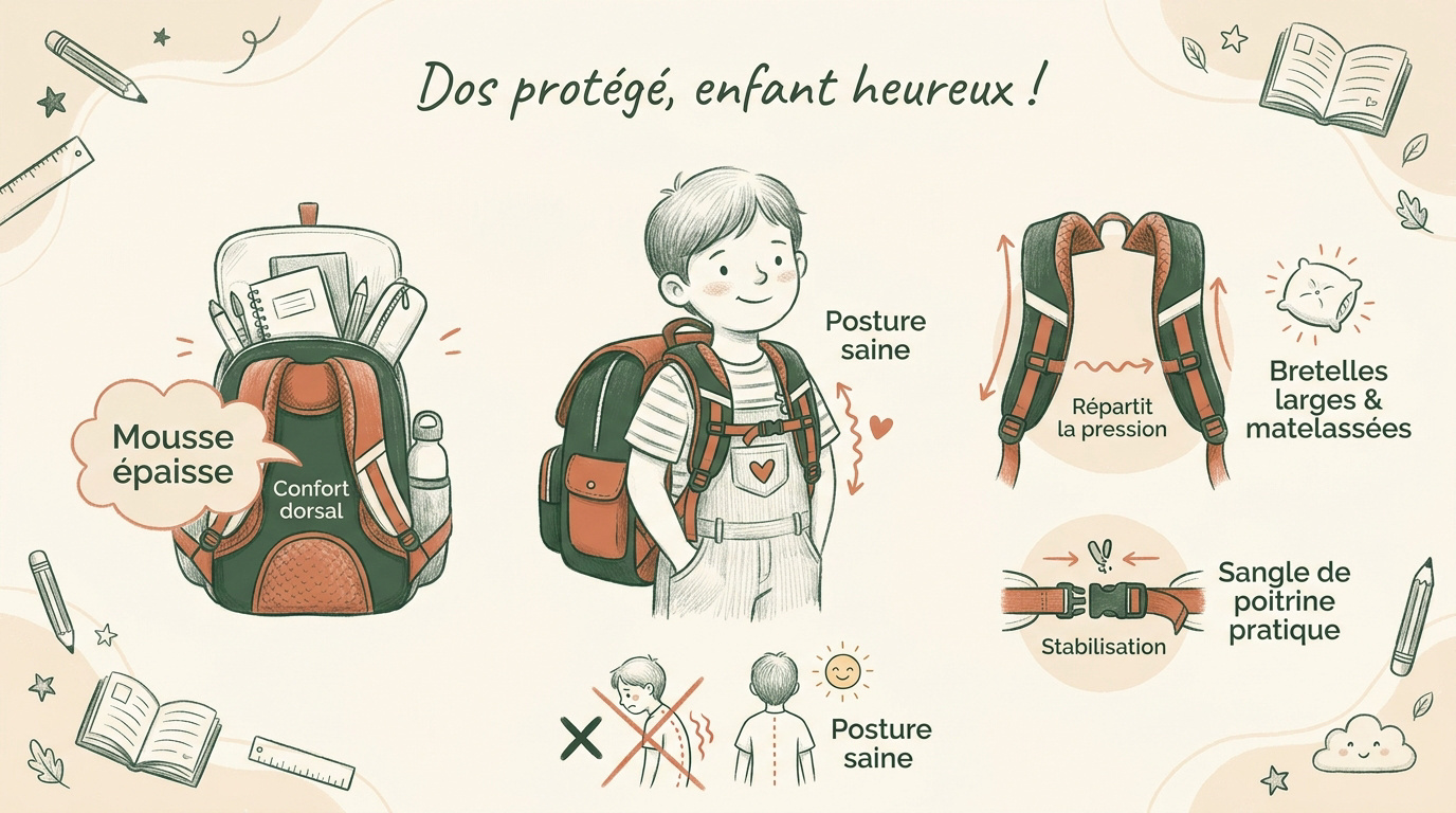 Schéma de l'ergonomie d'un cartable scolaire pour un enfant en CP
