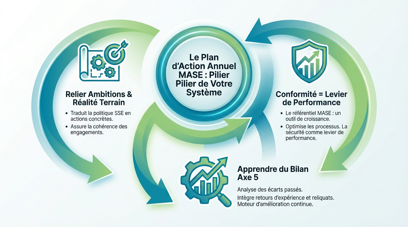 Cycle d'amélioration continue du plan d'action annuel MASE illustrant les étapes de planification et de suivi