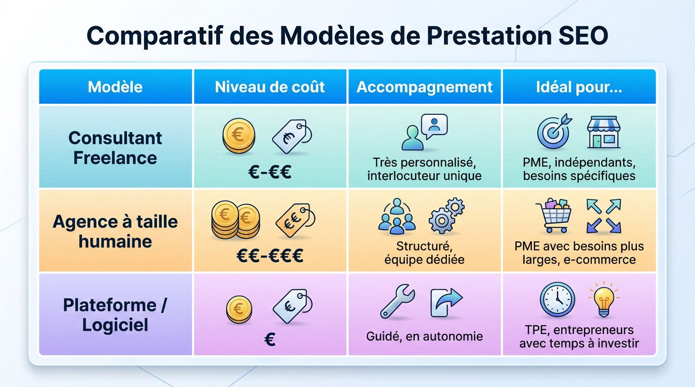 Comparatif visuel entre freelance, agence et plateforme SEO pour choisir selon son budget