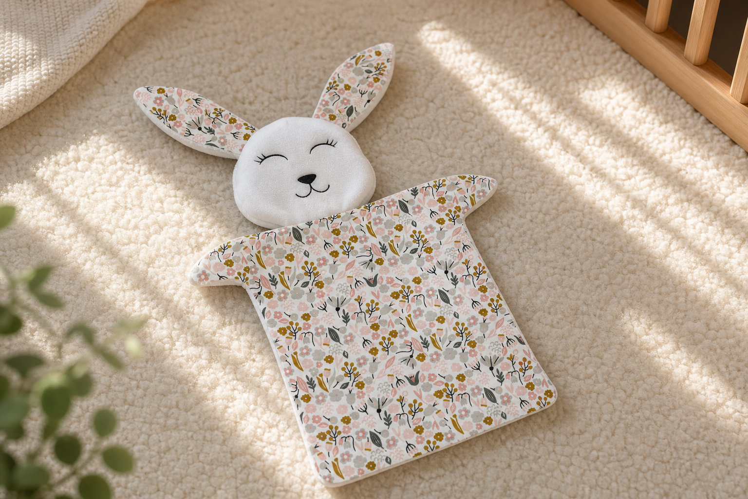 Doudou Lapin en tissu Fleurs Rose, gris et or