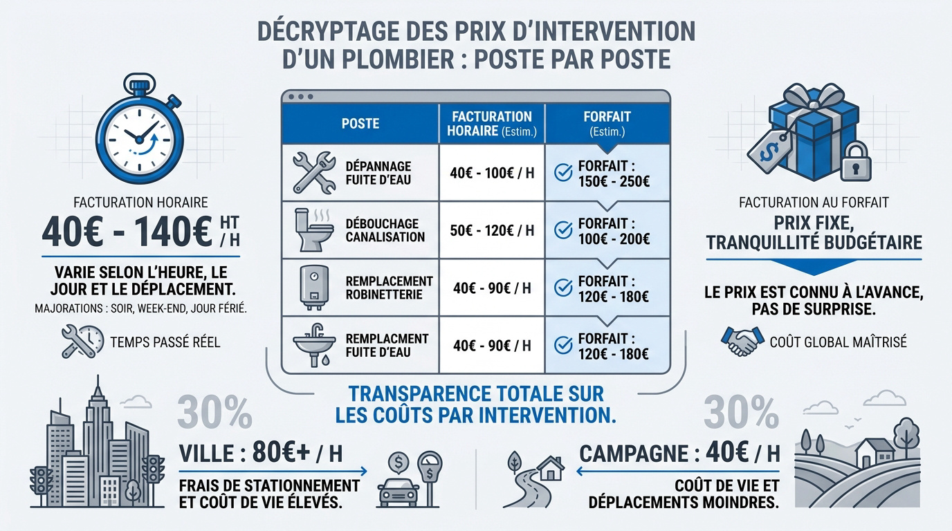 Plombier professionnel en intervention vérifiant les tarifs et devis