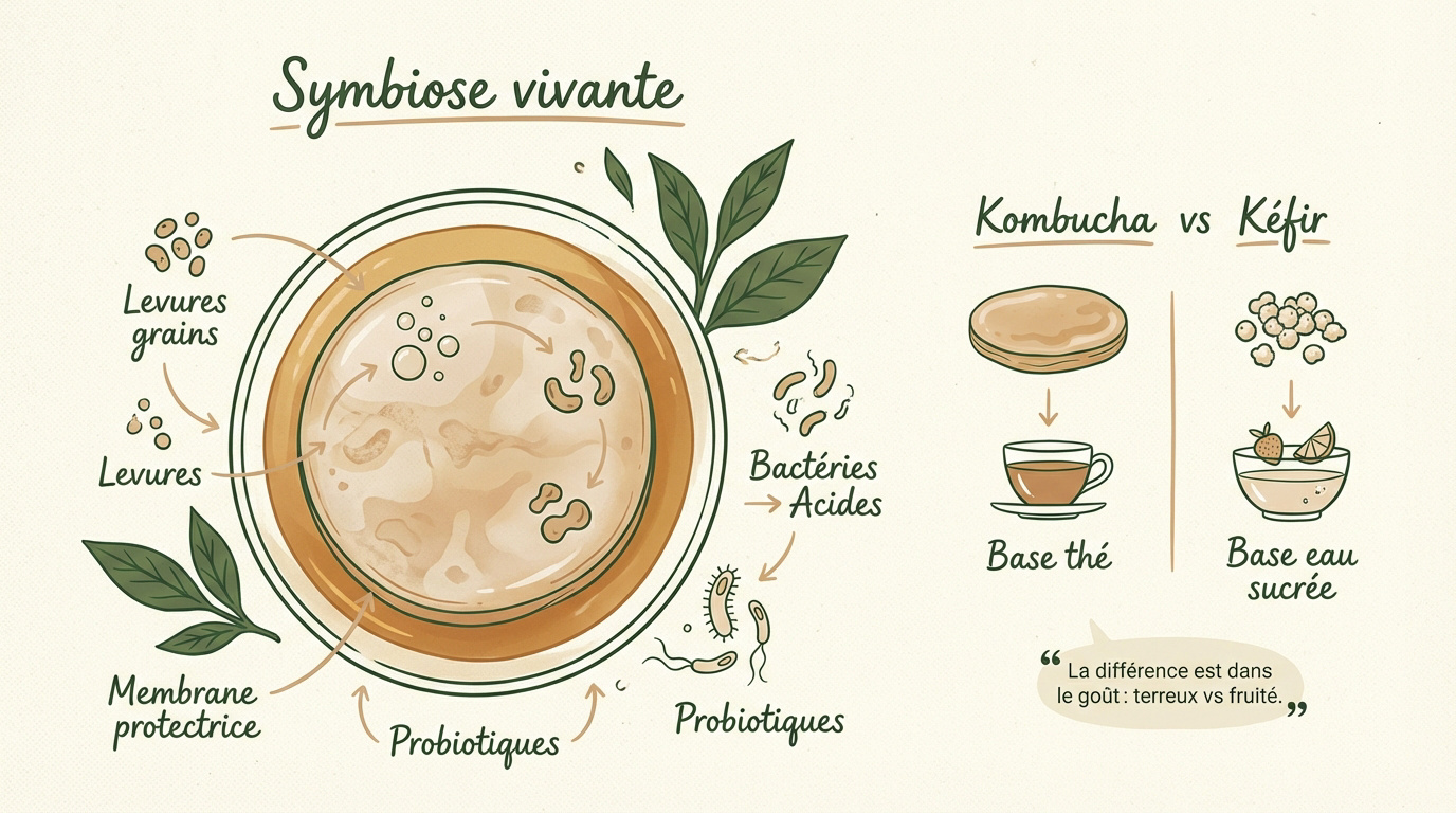 Culture symbiotique de bactéries et de levures flottant dans une jarre de thé