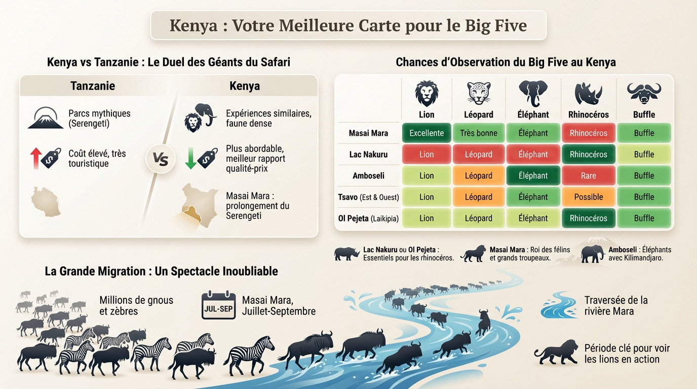 Troupeau d'éléphants et zèbres dans la savane du Kenya avec le Kilimandjaro en arrière-plan