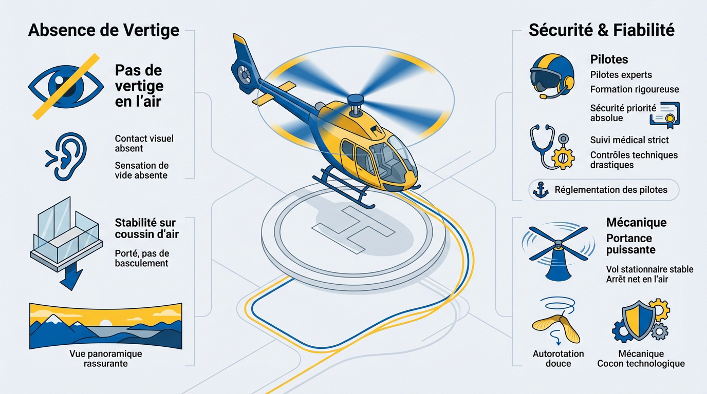 Infographie expliquant la sécurité et la fiabilité d'un vol en hélicoptère