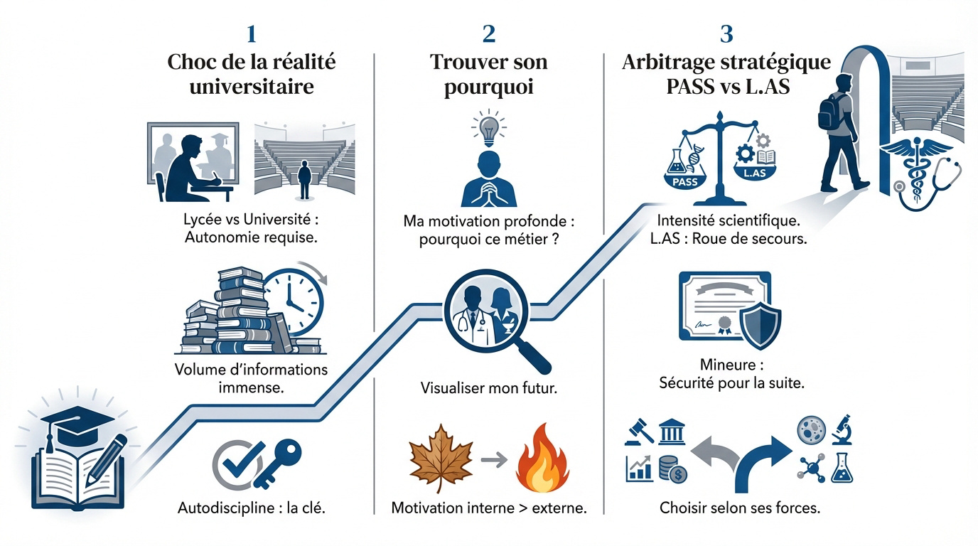 Transition entre les cours au lycée et l'amphithéâtre de la faculté de santé