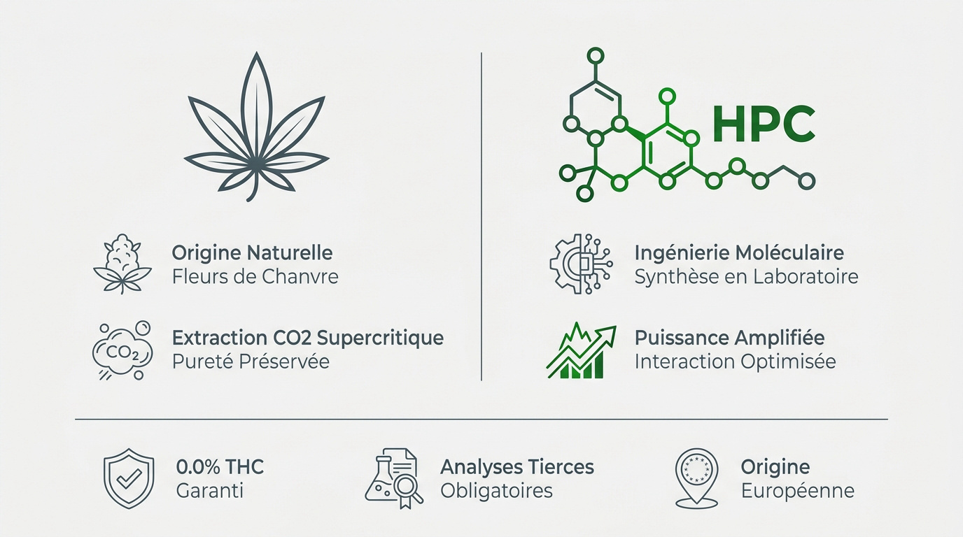 Comparaison visuelle entre la structure naturelle du CBD et l'ingénierie moléculaire du HPC