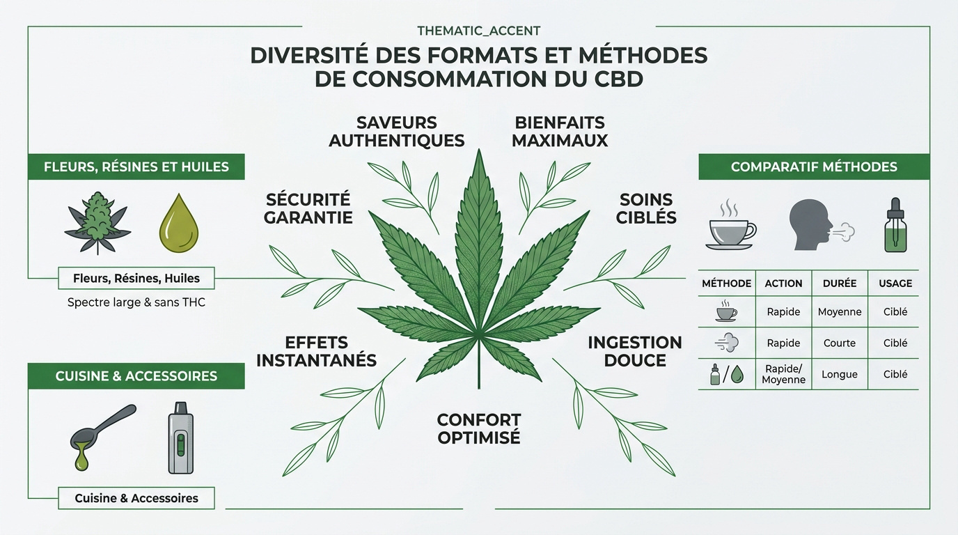 Infographie comparative des méthodes de consommation du CBD à Amiens : infusion, vaporisation et huile