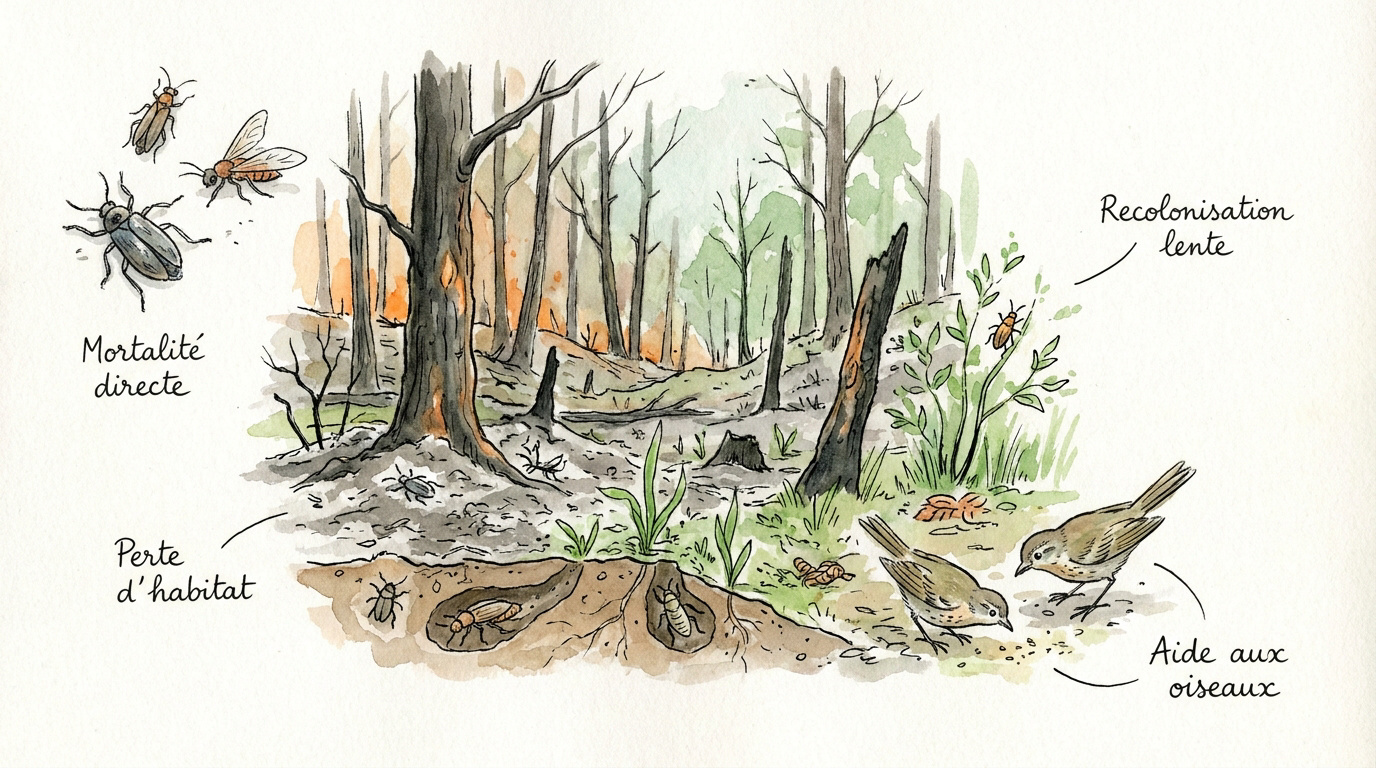 Forêt après un incendie montrant la destruction de l'habitat des insectes