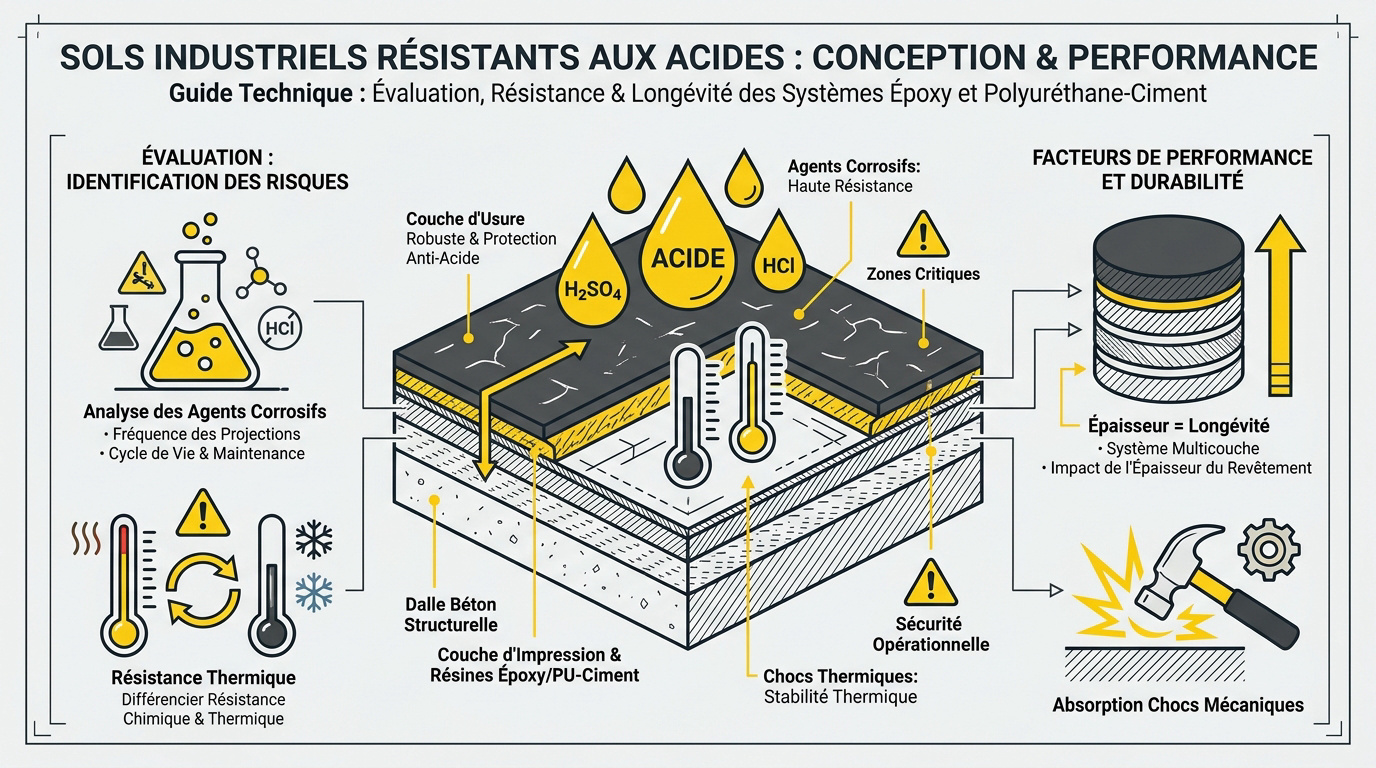 Revêtement de sol industriel multicouche résistant aux acides et produits chimiques