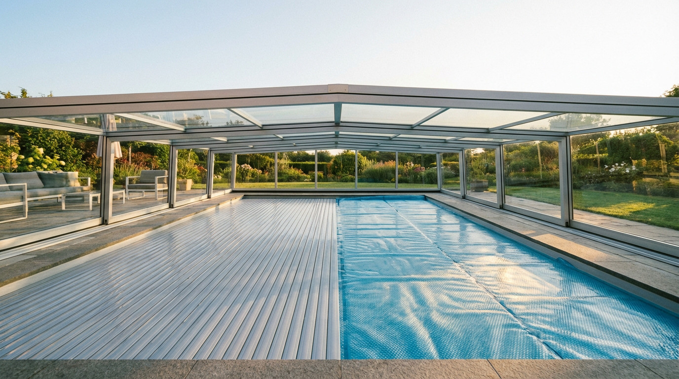 Piscine résidentielle protégée par un abri moderne et lumineux, illustrant le choix d'une couverture de piscine haut de gamme