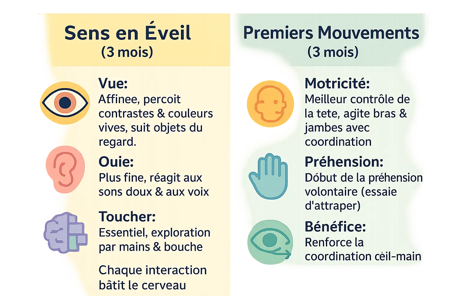 Illustration du développement sensoriel et moteur d'un bébé de 3 mois