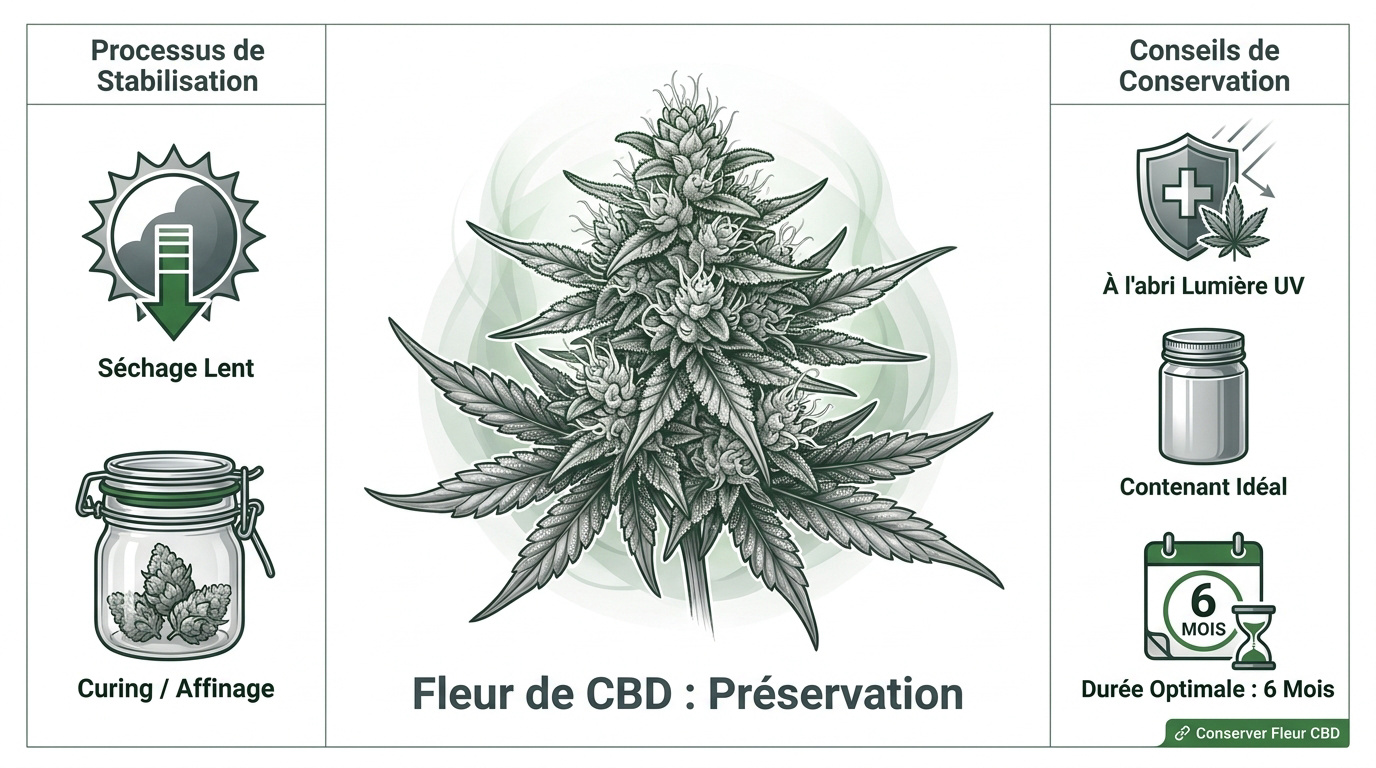 Fleurs de CBD stockées dans un bocal en verre pour une conservation optimale