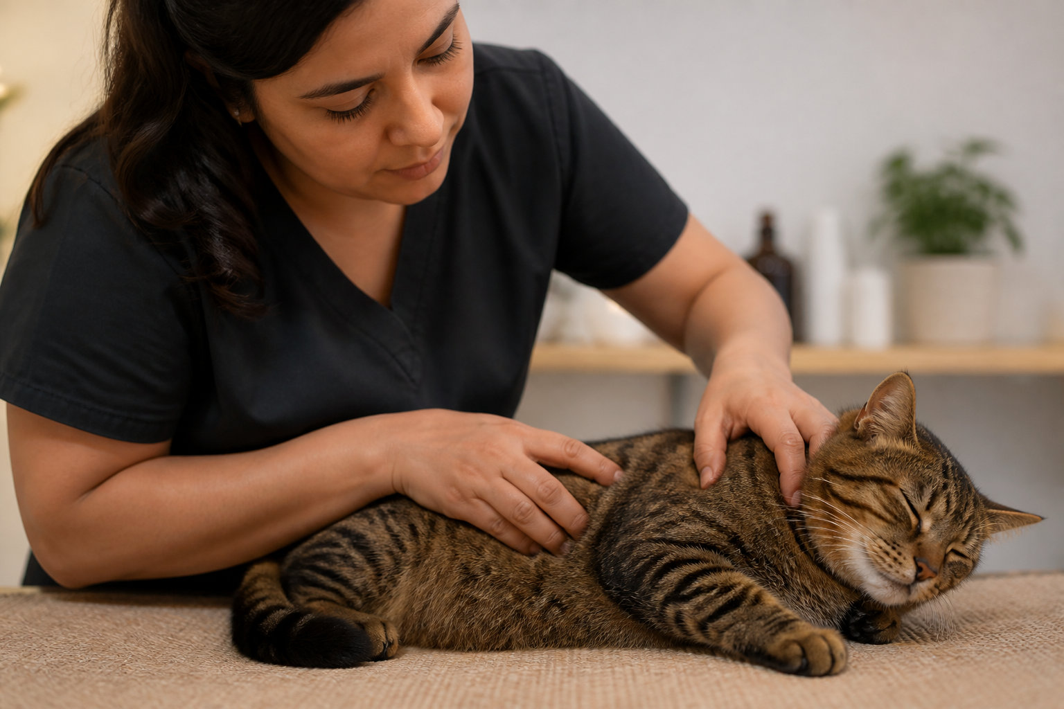 Massage professionnel d'un chat sportif sur une table dédiée