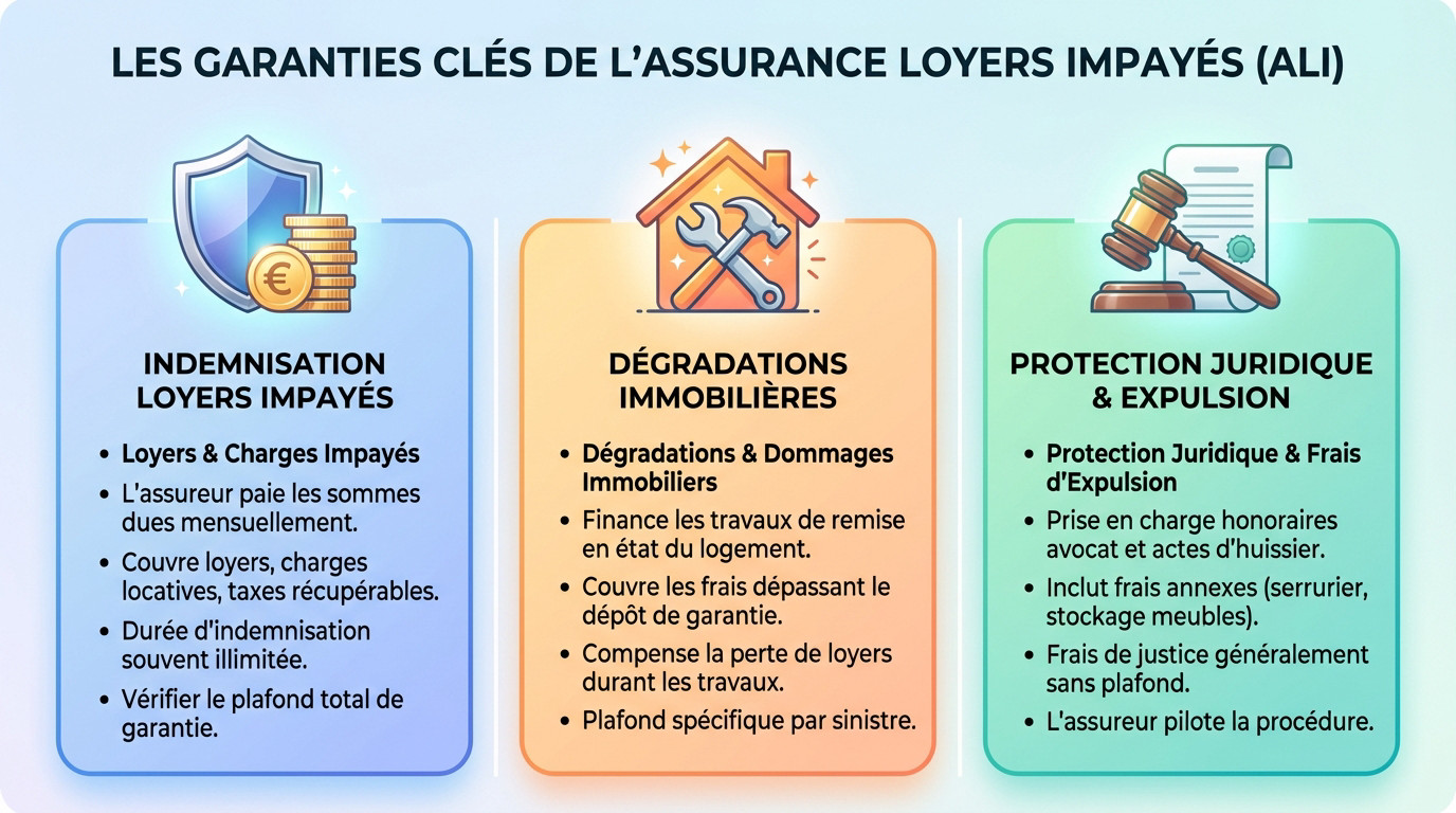 Schéma détaillant les garanties d'une assurance loyers impayés : indemnisation, dégradations et frais juridiques