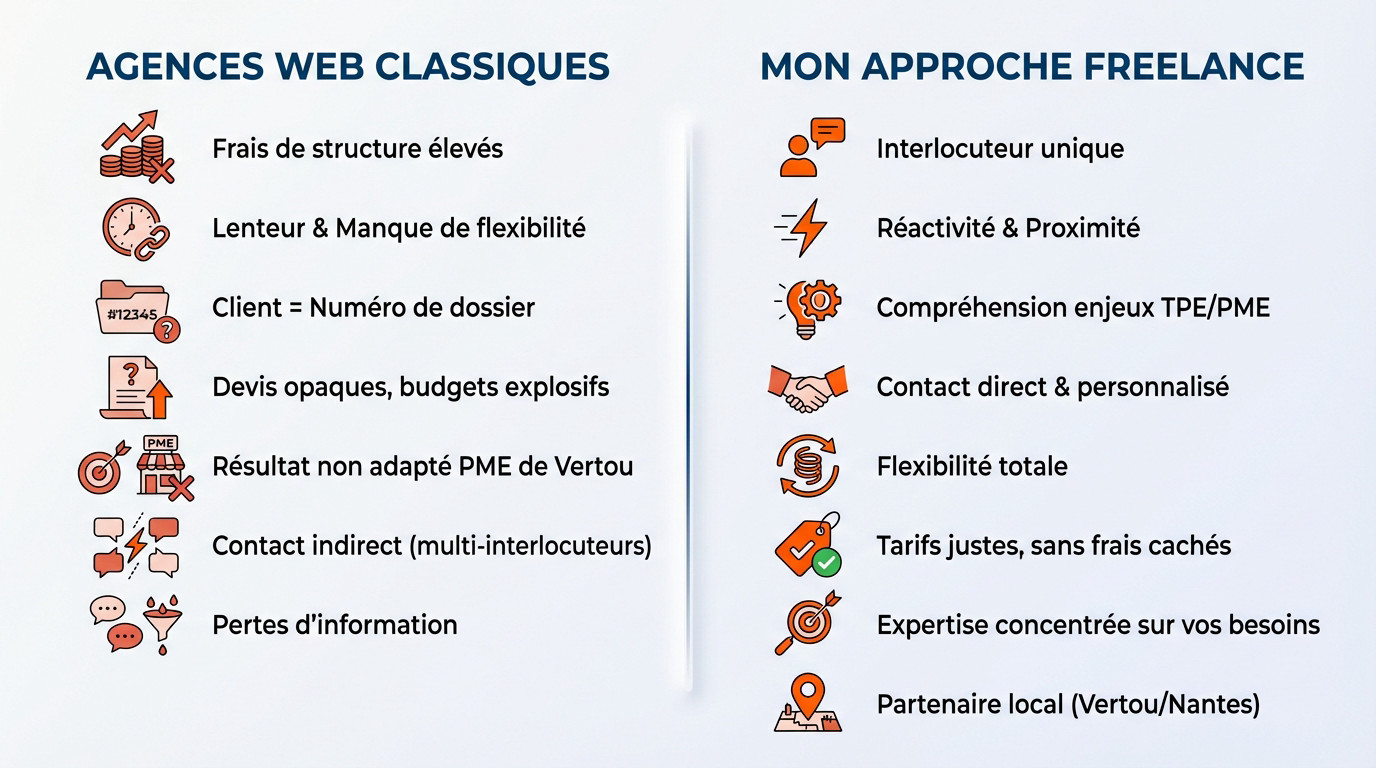 Comparaison entre les coûts élevés d'une agence web classique et la flexibilité d'un freelance à Vertou