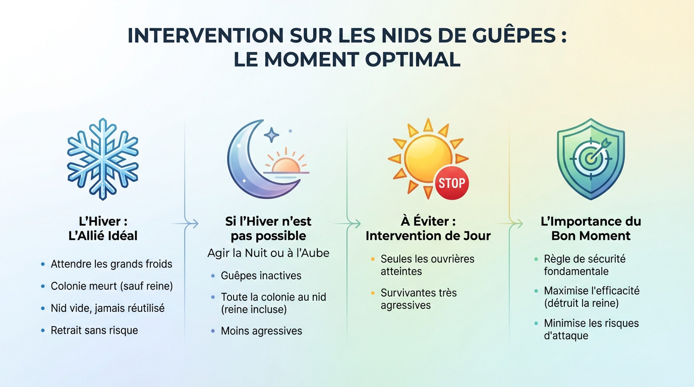 Intervention sur un nid de guêpes au moment optimal, la nuit ou en hiver