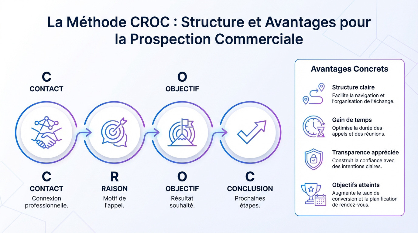 Illustration des 4 piliers de la méthode CROC pour la prospection téléphonique