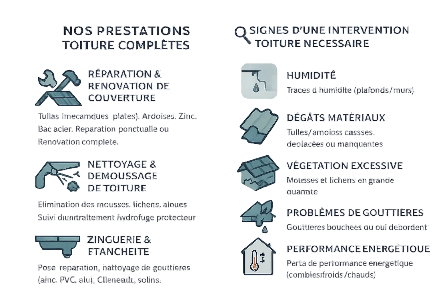 Illustration des services et signes d'intervention sur toiture