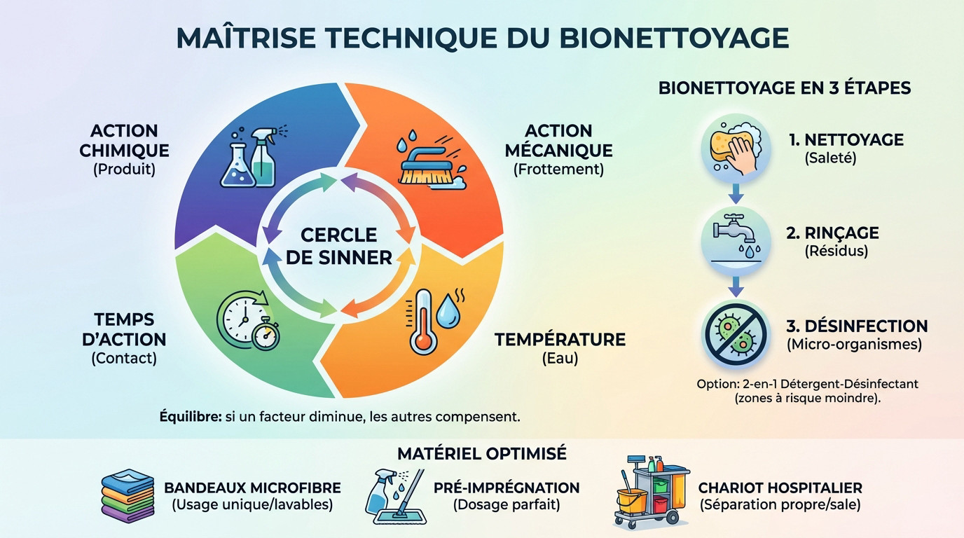 Sch&eacute;ma illustrant la ma&icirc;trise technique du bionettoyage avec le cercle de Sinner et le mat&eacute;riel adapt&eacute;
