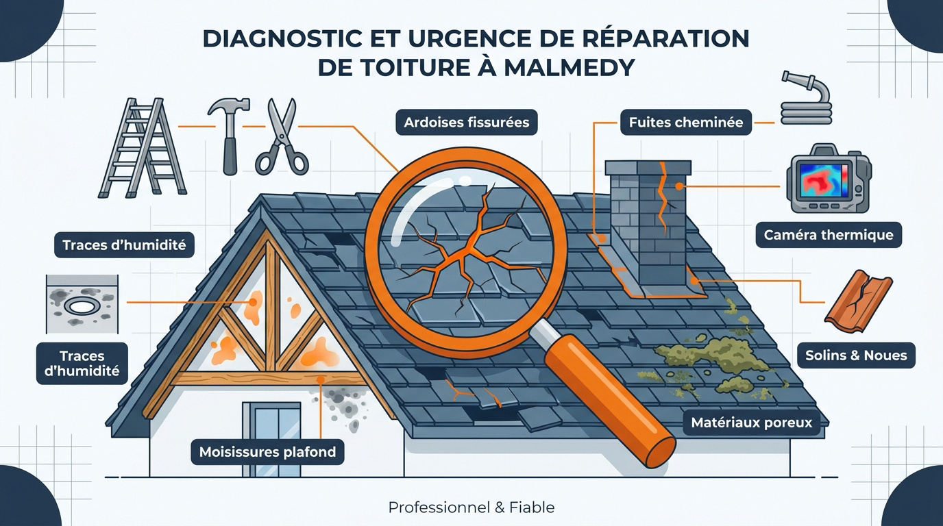 Inspection d'une toiture endommagée à Malmedy pour diagnostic de fuite