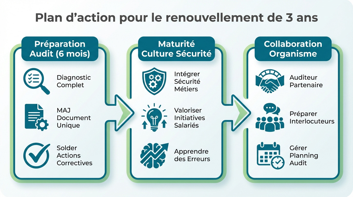 Schéma des étapes clés pour préparer le renouvellement de la certification MASE sur 3 ans