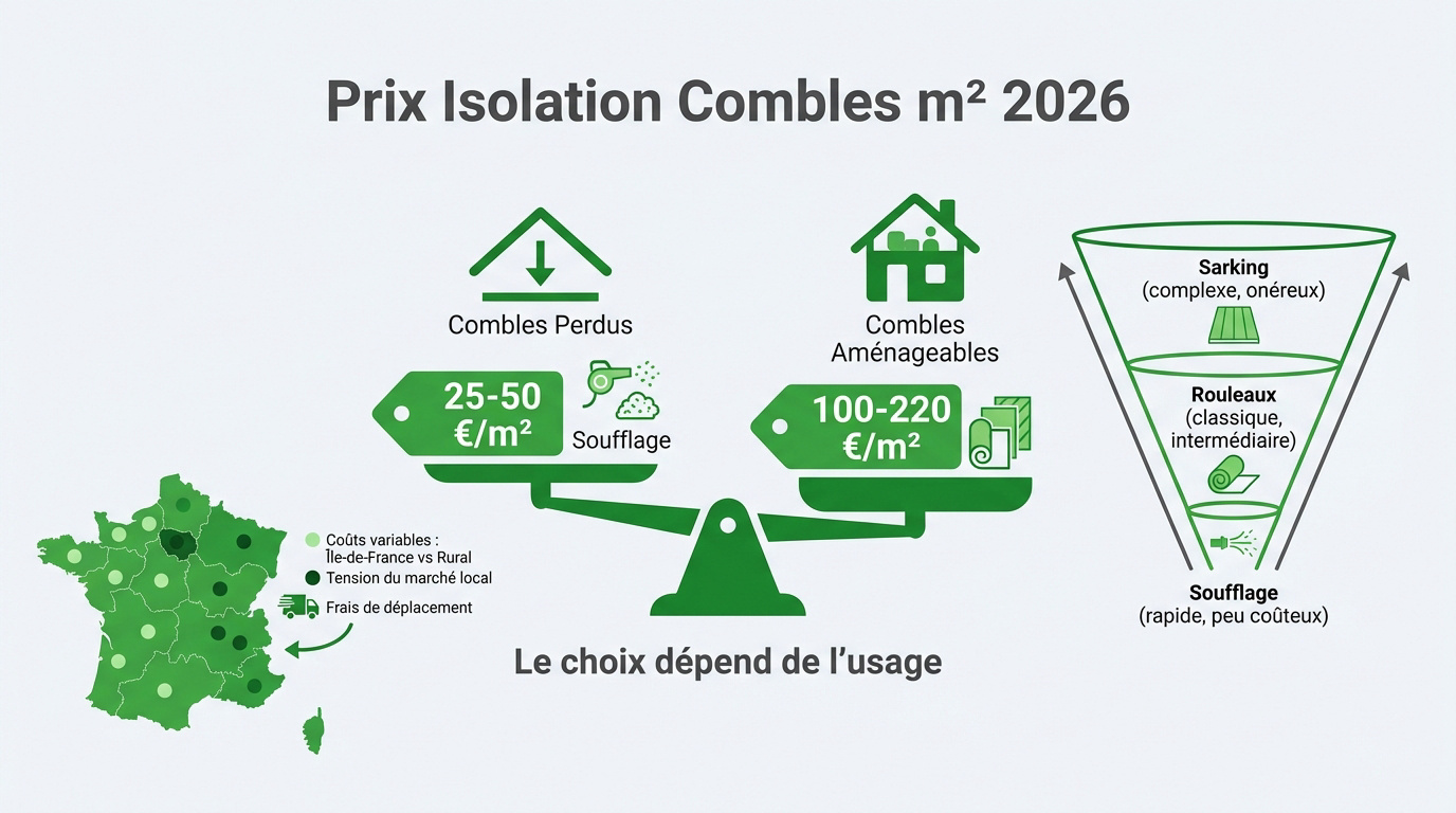 Estimation du prix au m2 pour l'isolation des combles en 2026 incluant main d'oeuvre et matériaux