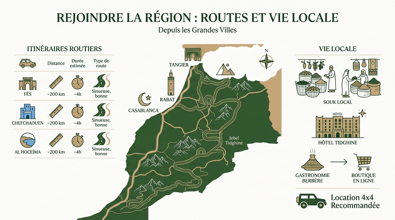 Infographie des itinéraires routiers et de la vie locale dans le Rif vers Ketama