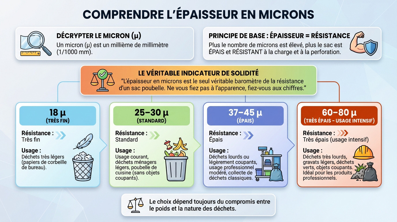Illustration de l'épaisseur en microns pour comprendre la résistance des sacs poubelles
