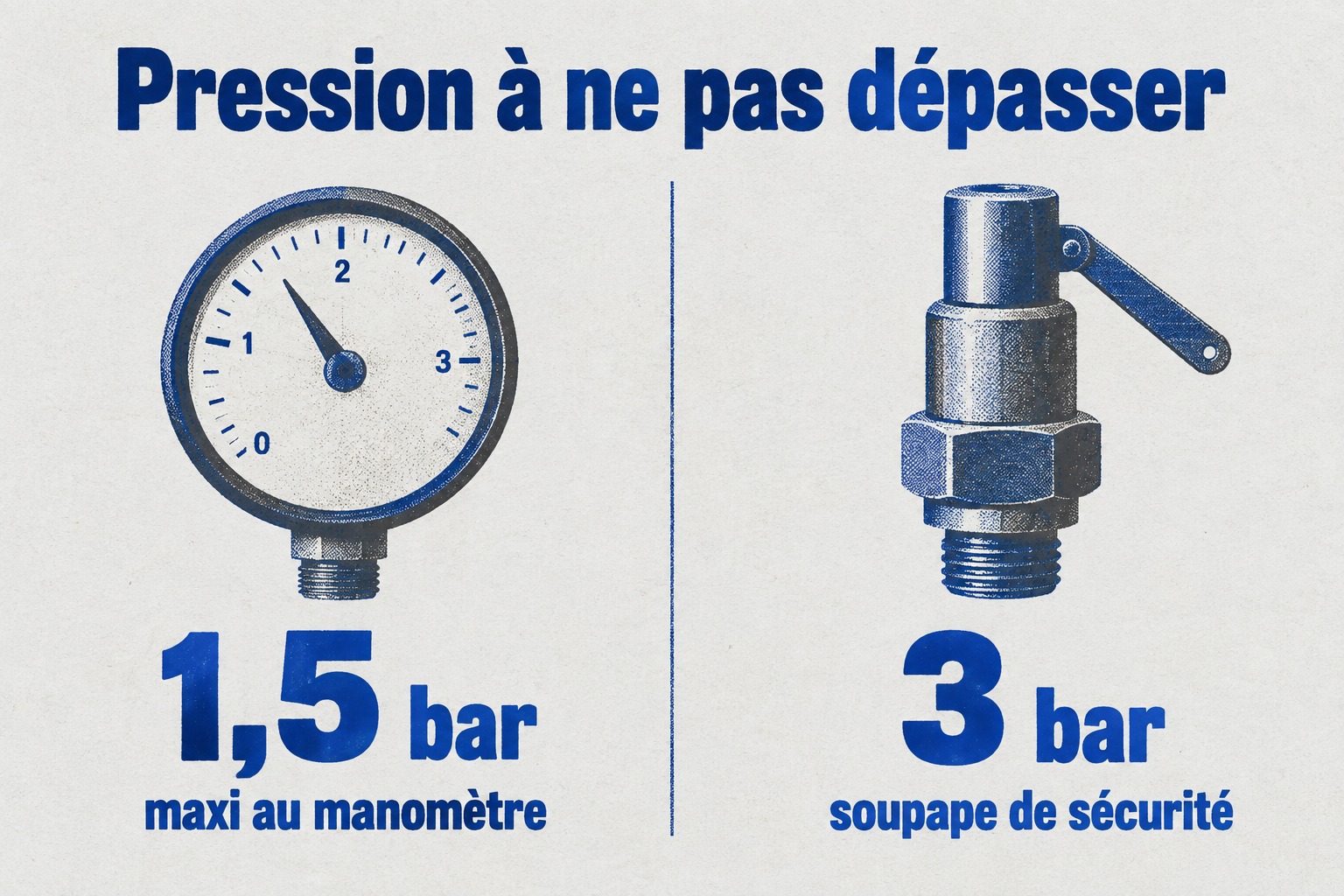 Comparaison de la pression maximale à ne pas dépasser (1,5 bar) et de la pression de déclenchement de la soupape de sécurité (3 bar).