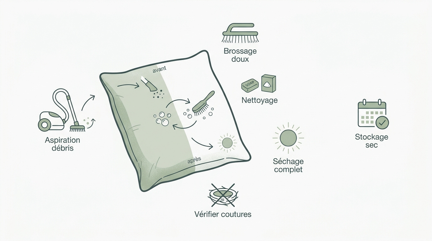 Nettoyage minutieux d'un coussin de jardin avec une brosse souple avant le stockage hivernal