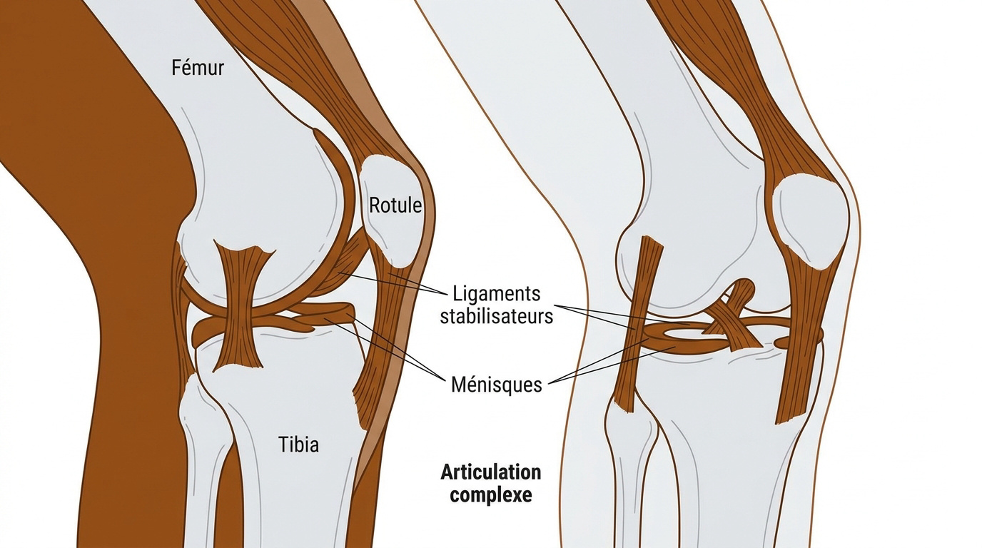 Comparaison anatomique entre le grasset du cheval et le genou humain montrant le fémur, le tibia et la rotule