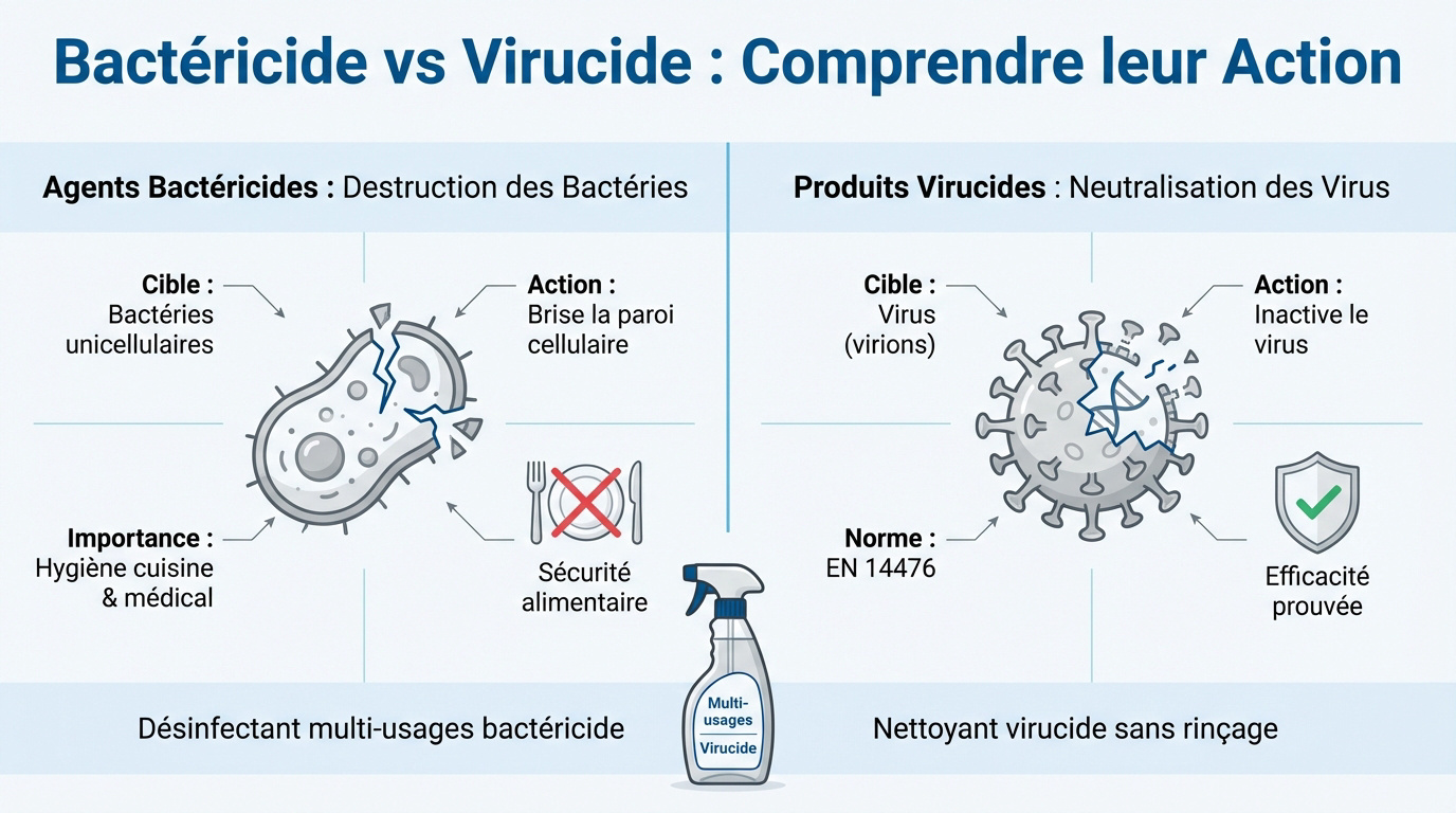 Comparaison entre l'action d'un d&eacute;sinfectant bact&eacute;ricide et l'efficacit&eacute; d'un produit virucide sur les surfaces