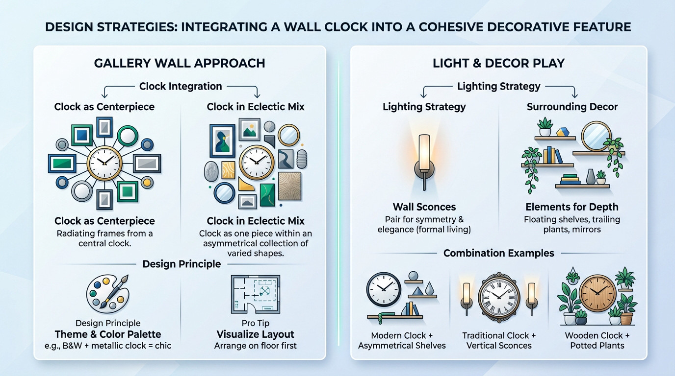 Modern interior wall featuring a clock integrated with framed art and shelving