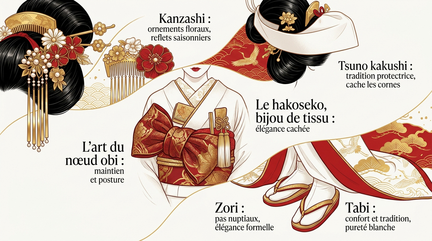 Mariée japonaise portant des accessoires traditionnels comme le hakoseko et des ornements kanzashi