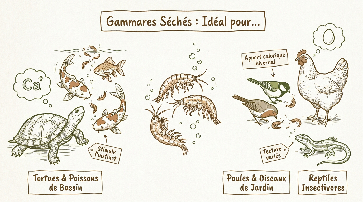 Distribution de gammares séchés pour tortues et poissons de bassin