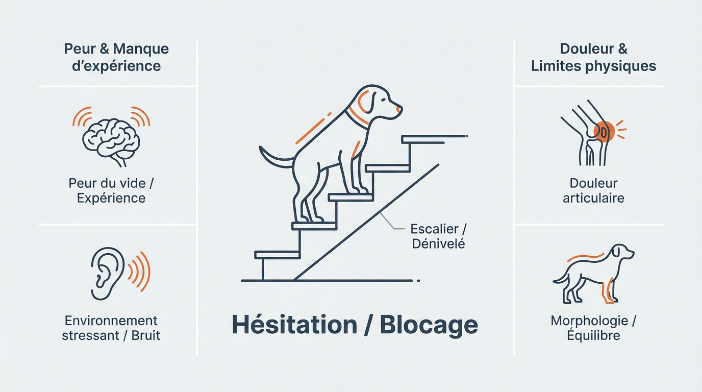 Chien hésitant en haut d'un escalier en bois
