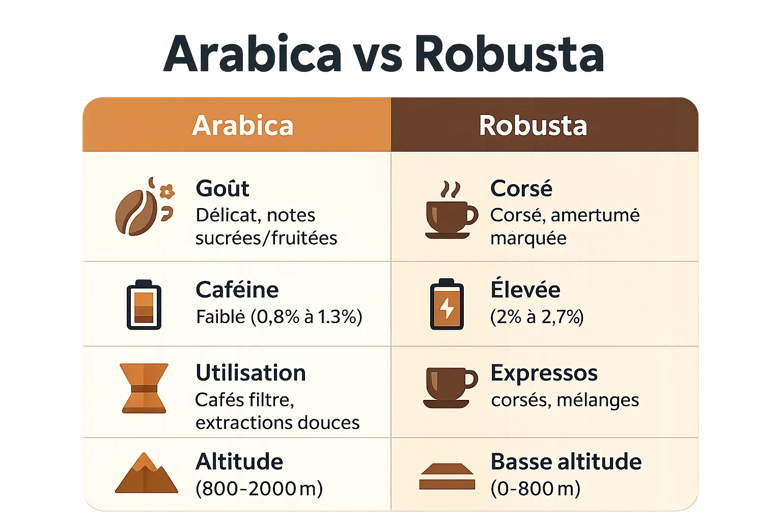 Comparaison visuelle entre grains d'Arabica et de Robusta