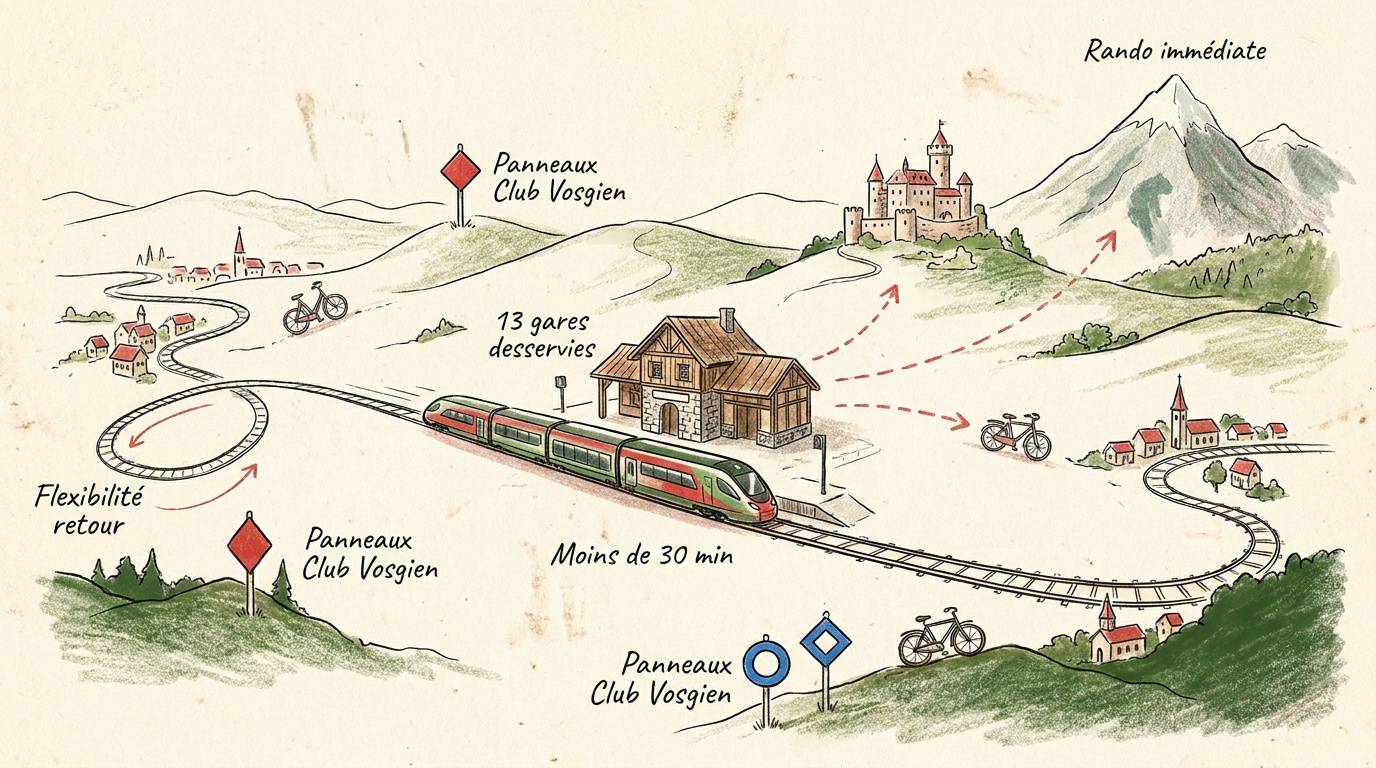 Carte stylisée du réseau ferroviaire alsacien traversant des paysages vallonnés