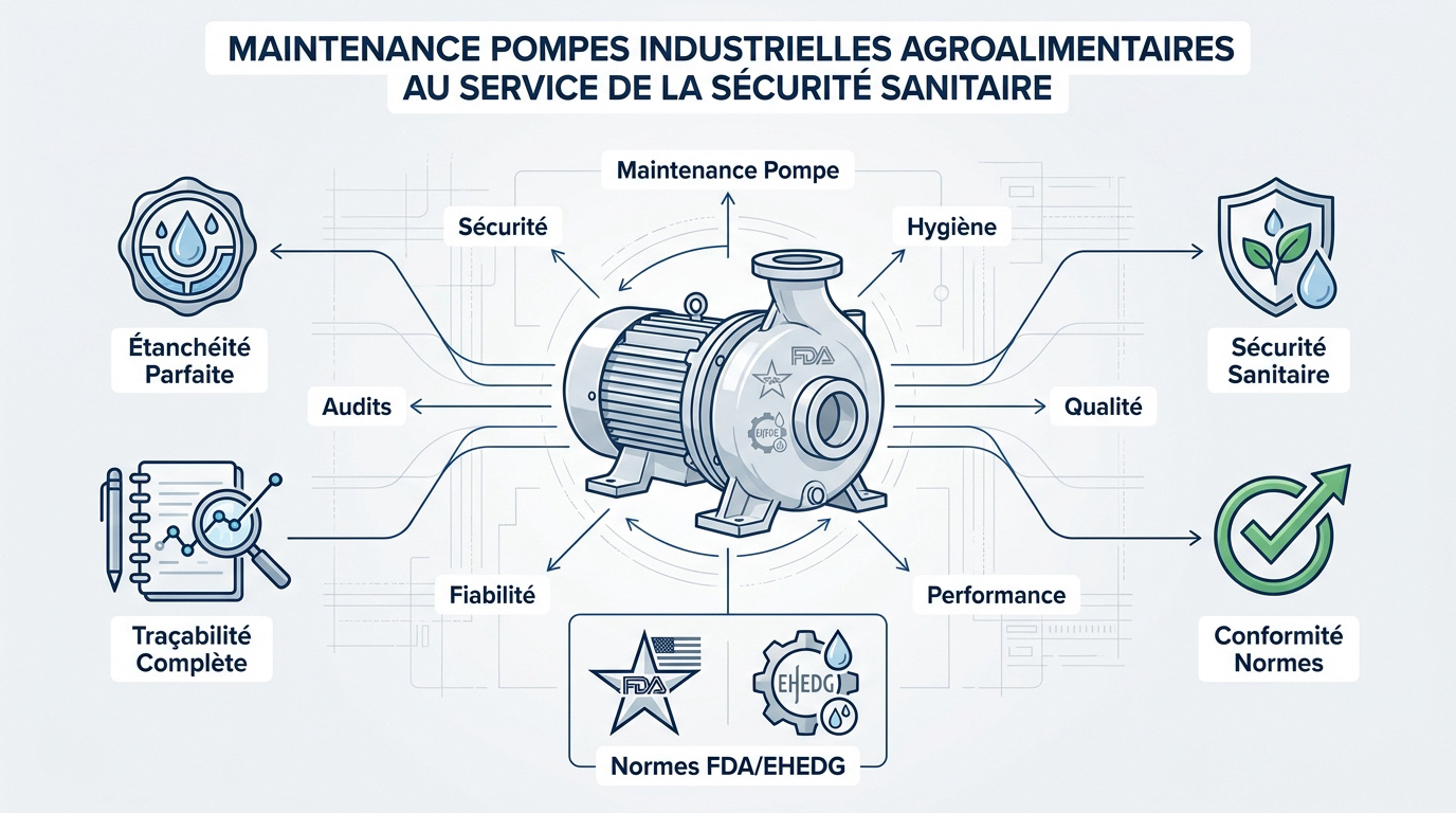 Technicien effectuant la maintenance d'une pompe industrielle en acier inoxydable dans une usine agroalimentaire