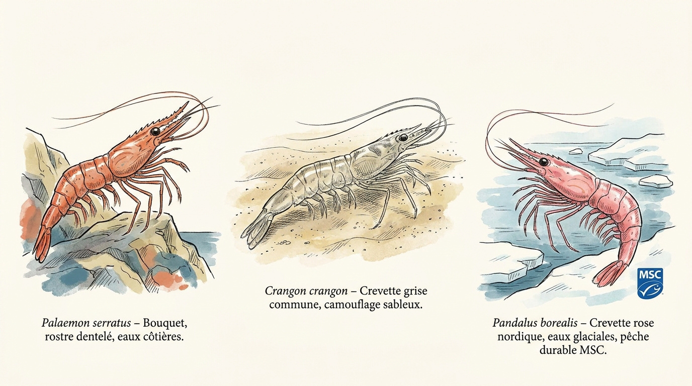 Illustration de trois espèces de crevettes européennes : grise, bouquet et rose nordique