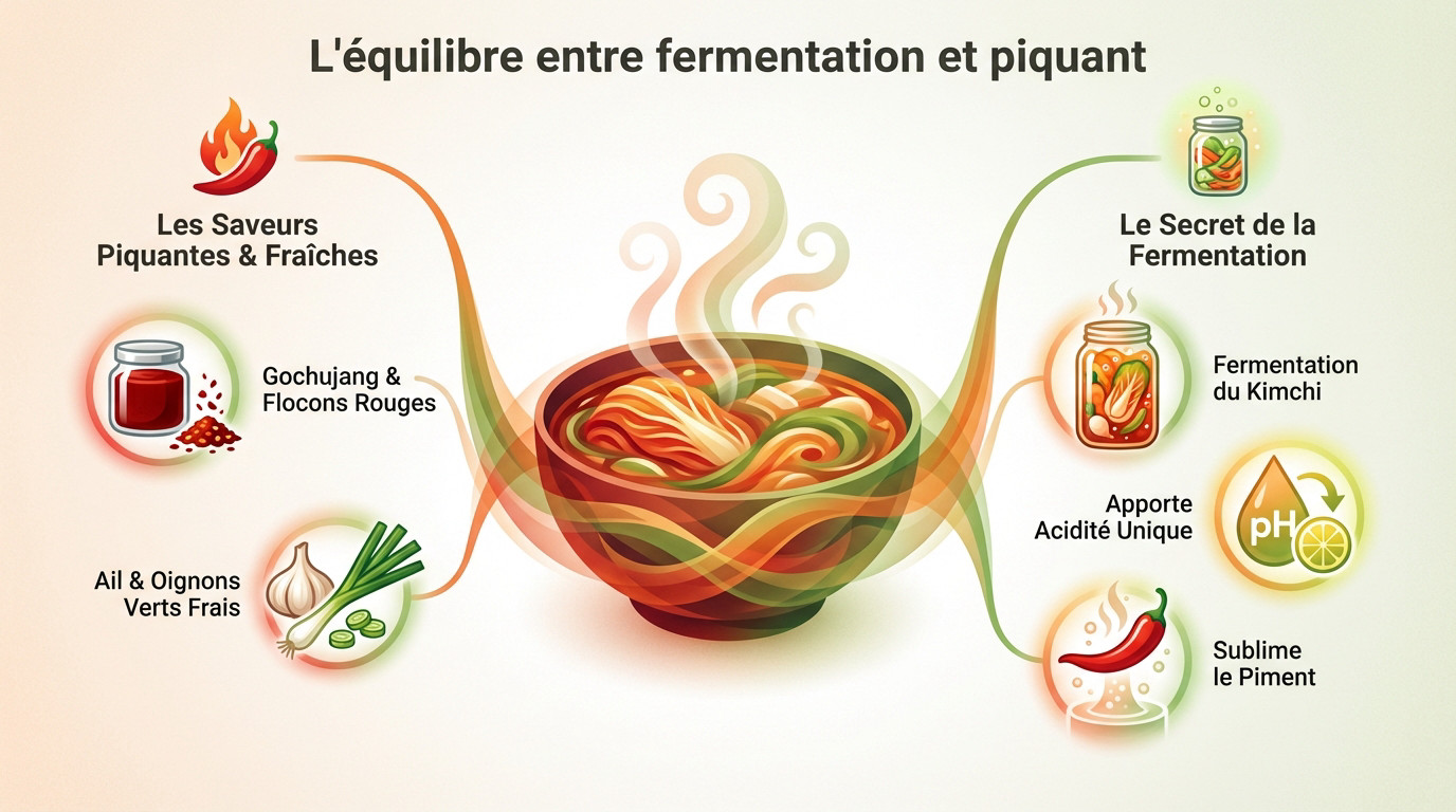 Bol de Kimchi Jjigae rouge vif illustrant l'équilibre entre fermentation et piquant