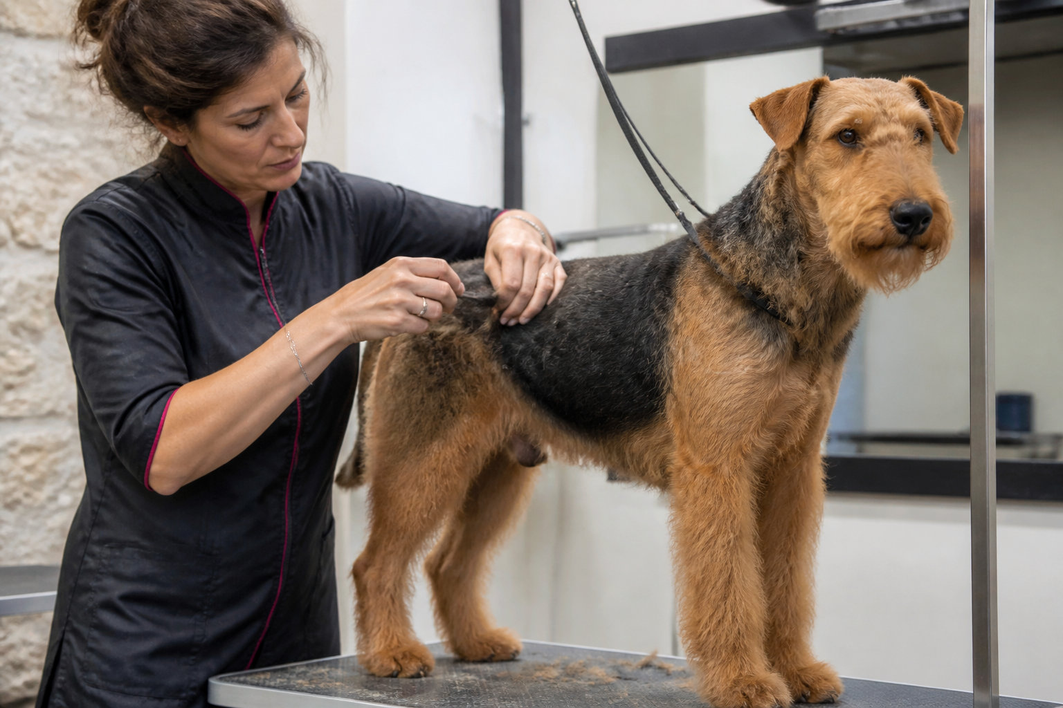 Séance de stripping (épilation manuelle) sur un Airedale Terrier
