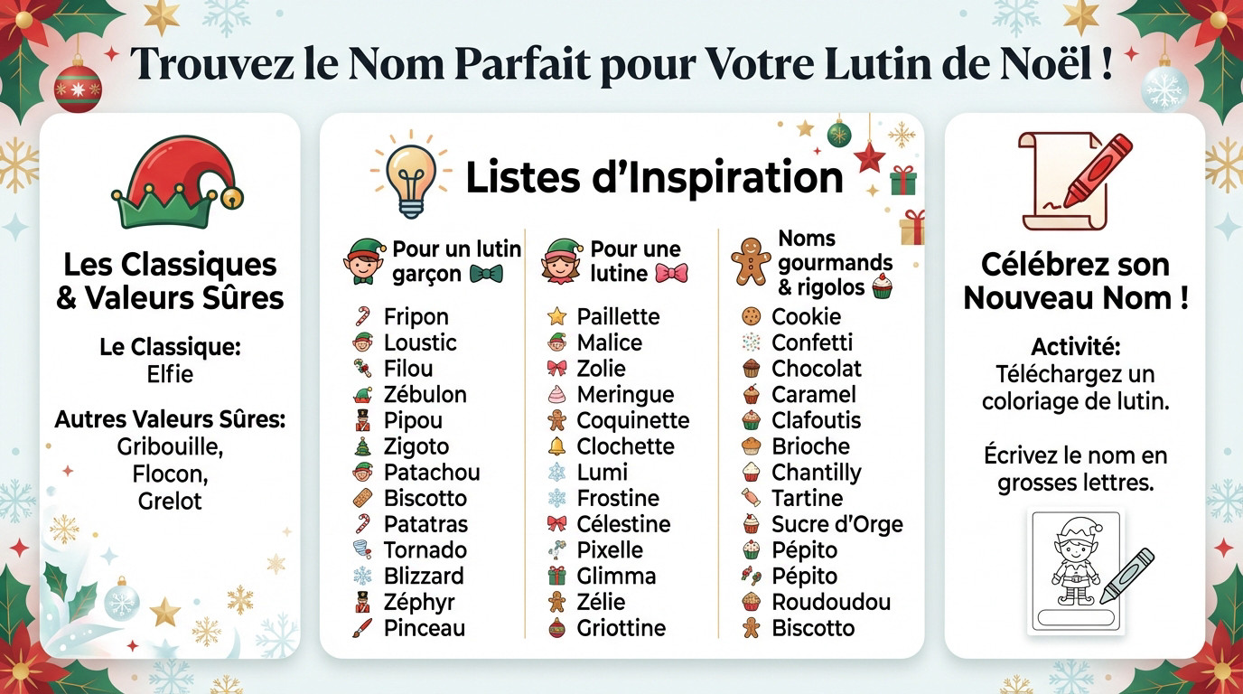 Lutin de Noël farceur réfléchissant à son futur prénom avec des décorations festives