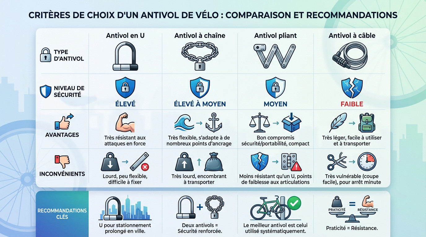 Comparaison des types d'antivols pour trottinette et vélo : U, chaîne, pliant et câble