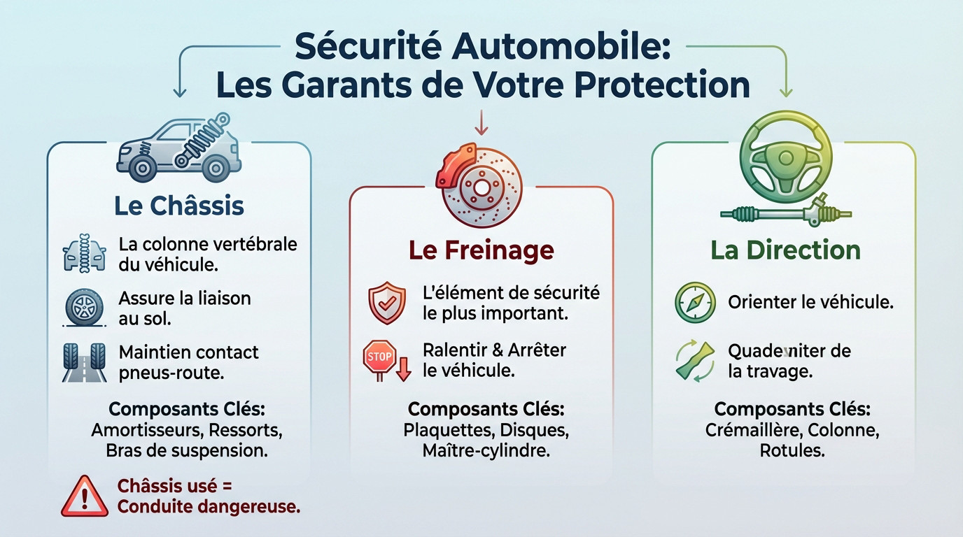 Schéma technique montrant les pièces mécaniques auto liées à la sécurité : châssis, freinage et suspension