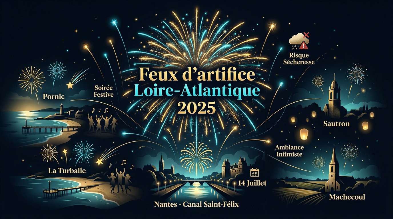 Vue d'un feu d'artifice sur le littoral de Loire-Atlantique en soirée