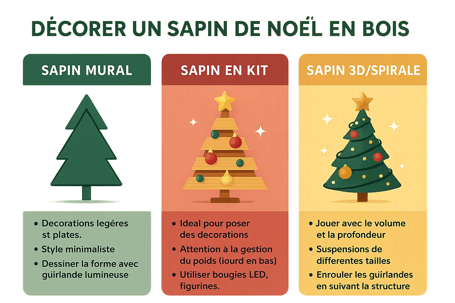 Exemple de sapin en bois décoré avec des guirlandes lumineuses et des ornements en matériaux variés