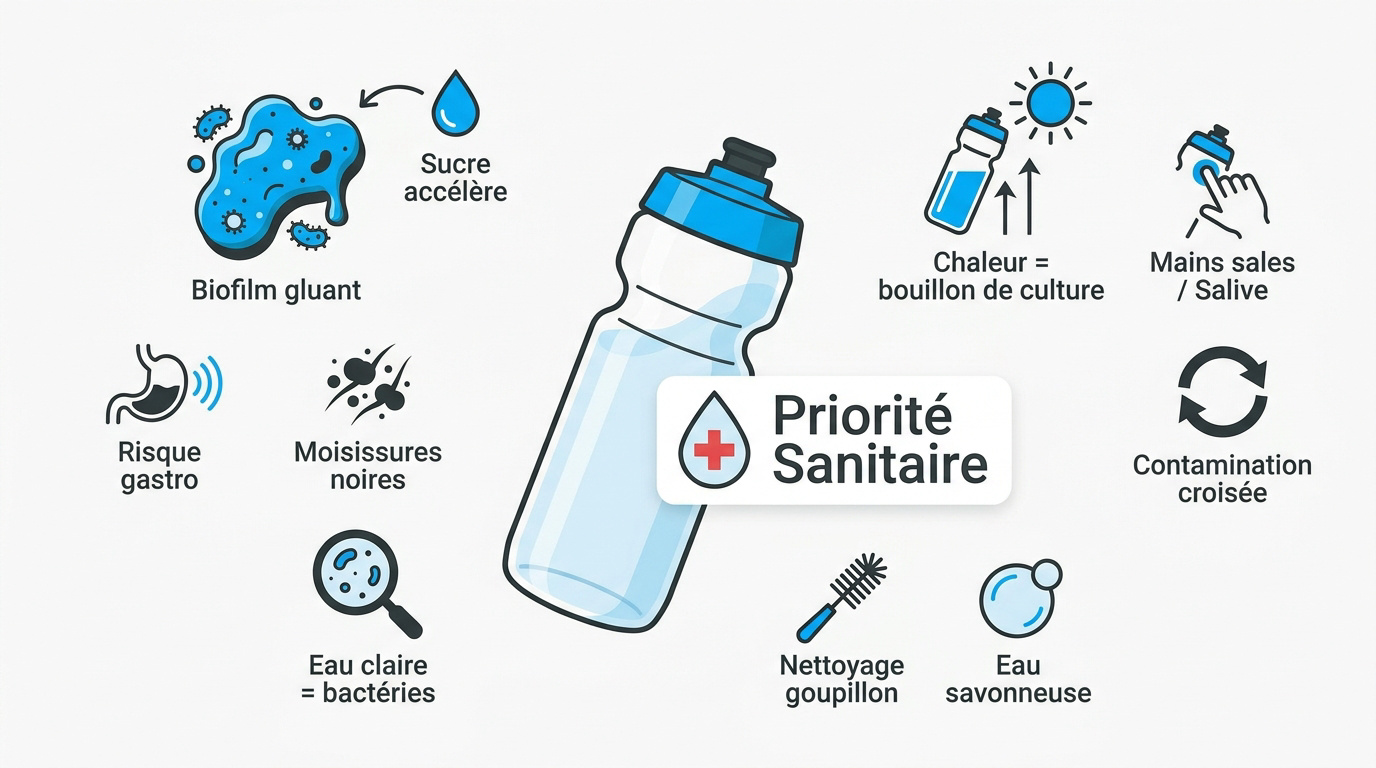 Nettoyage d'un bidon de vélo avec un goupillon et de l'eau savonneuse pour éliminer les bactéries