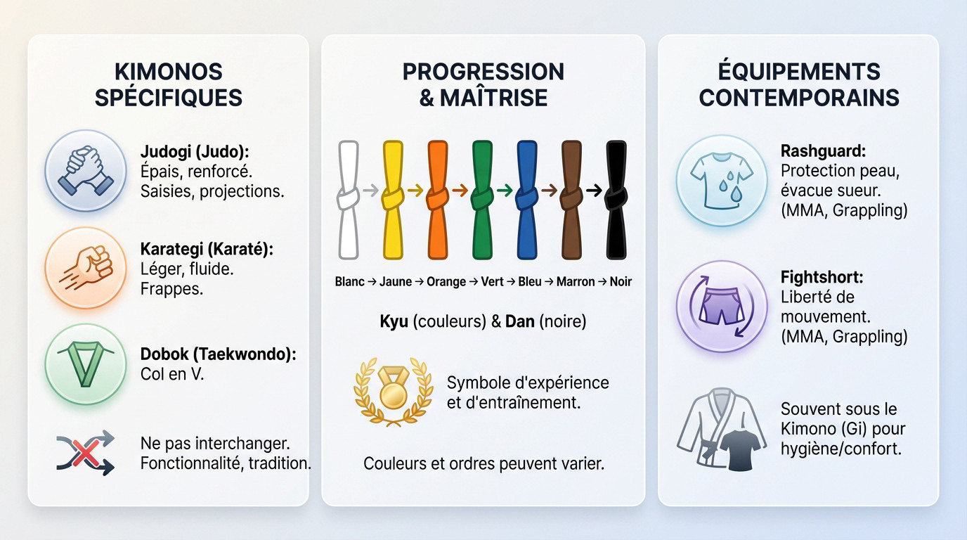 Guide visuel comparatif des tenues pour judo, karaté et taekwondo avec leurs ceintures respectives