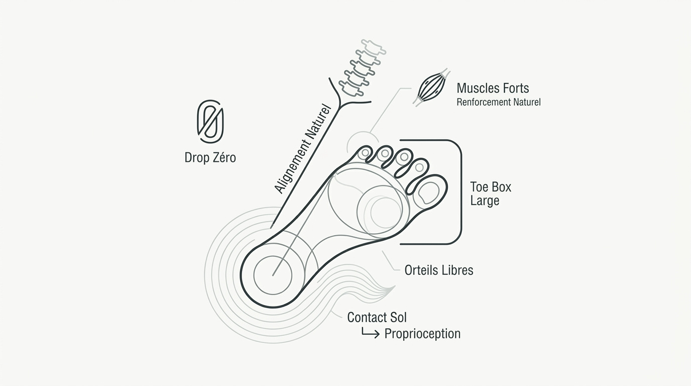 Infographie montrant l'alignement naturel du pied dans une chaussure barefoot sans drop